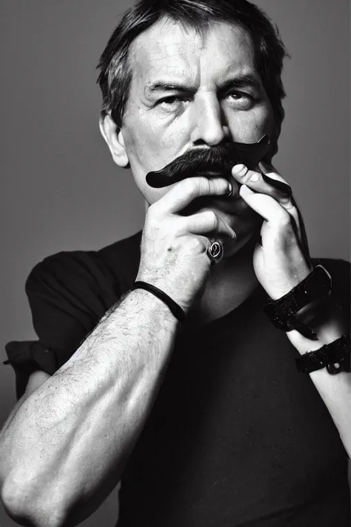 Image similar to mario testino photography, a male portrait, black hair, moustache, smoking a pipe