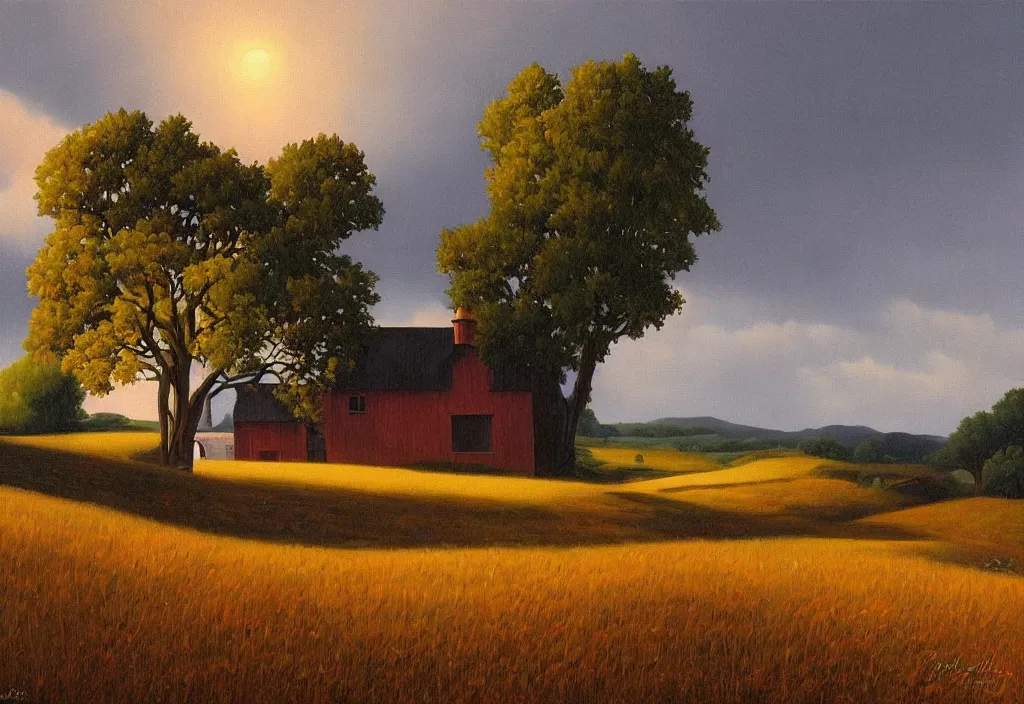 Prompt: a landscape painting of an old farm house in the countryside, autumn, painting by kenton nelson, dusk light, storm clouds, windy