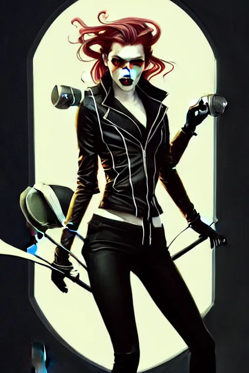 Prompt: rafael albuquerque comic art, art nouveau, peter mohrbacher, artgerm, pretty anya taylor - joy vampire sharp vampire teeth open mouth, symmetrical eyes, black leather jacket, jeans, long blonde hair, full body