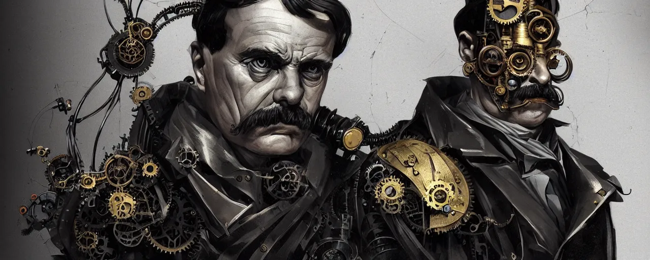 Image similar to duotone dark concept illustration 3 / 4 portrait of friedrich nietzsche as steampunk cyborg. highly detailed mechanism cinematic lighting. fibonacci golden ratio accidental renaissance. by sachin teng and sergey kolesov and ruan jia and heng z. graffiti art, scifi, fantasy, hyper detailed. octane render. concept art. trending on artstation