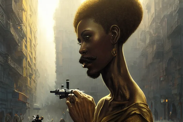 Prompt: A very highly detailed camera man with black skin, short hair cut, tiny thin mustache, thin face, with very highly detailed face on the street of a very highly detailed smooth city digital concept art by Greg Rutkowski, neofuturistic highly detailed, digital concept art, Dimensional cyan gold natural light, sharp focus, Golden Ratio illustration, realistic concept art by Stephen Hickman and James Gurney and Hiromasa Ogura Ghost in the Shell rendered in Octane Render, From the distance