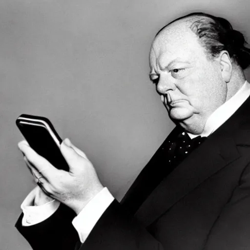 Image similar to A black and white photograph, circa 1940s, of Winston Churchill looking down at his smartphone