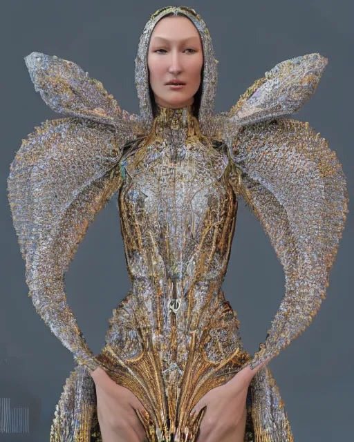 Image similar to a highly detailed metahuman 4 k close up render of an alien goddess bella hadid as mother of god in iris van herpen dress schiaparelli in diamonds crystals swarovski and jewelry iridescent in style of alphonse mucha gustav klimt trending on artstation made in unreal engine 4