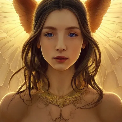 Image similar to Perfectly-centered portrait-photograph of an angel dragon from heaven, lifelike, super highly detailed, professional digital painting, artstation, concept art, Unreal Engine 5, Photorealism, HD quality, 8k resolution, cinema 4d, 3D, beautiful, cinematic, art by artgerm and greg rutkowski and alphonse mucha and loish and WLOP