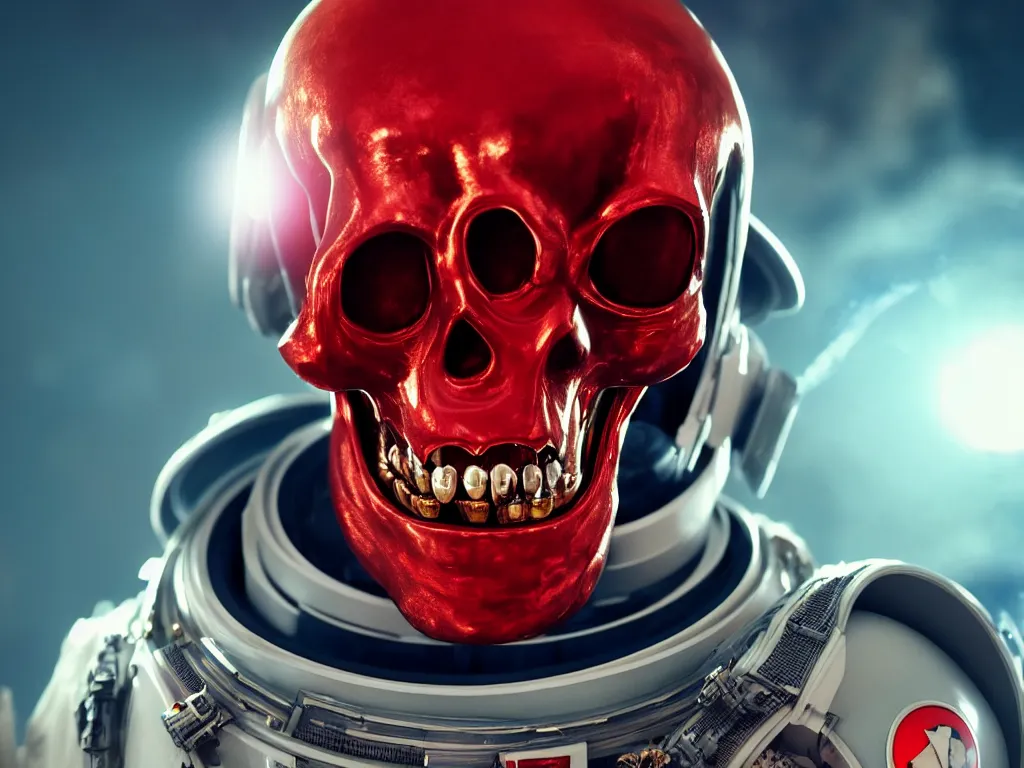 Image similar to angry ornate red skull in astronaut suit, gold linens, cinematic lighting, dramatic, octane render, long lens, shallow depth of field, bokeh, anamorphic lens flare, 8k, hyper detailed