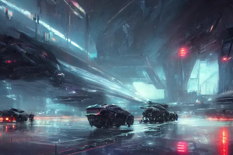 Prompt: scifi landscape dark crowded people vehicle spaceship overcast rainstorm by wadim kashin