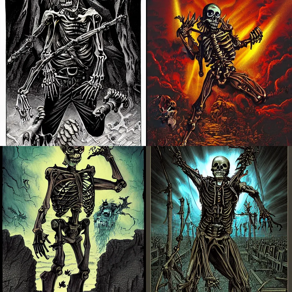 Prompt: skeleton zombie , explosive electric energy, in the style of Darrell k. Sweet, in the style of 1980s, matte, intense atmosphere, high detail, vintage horror