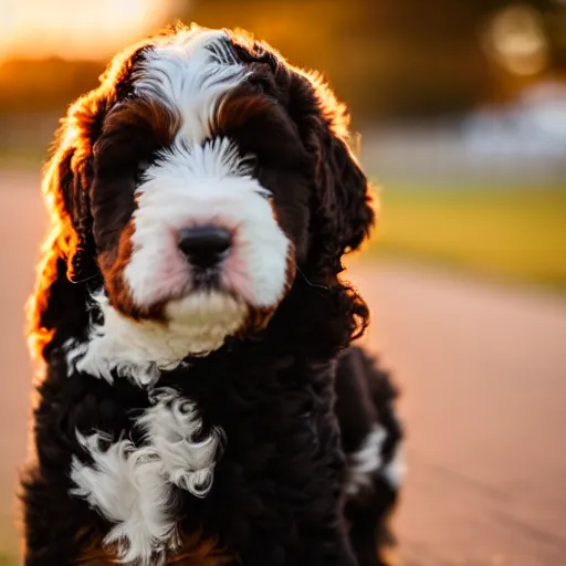 Image similar to a bernedoodle puppy at golden hour, bokeh, 3 2 megapixel