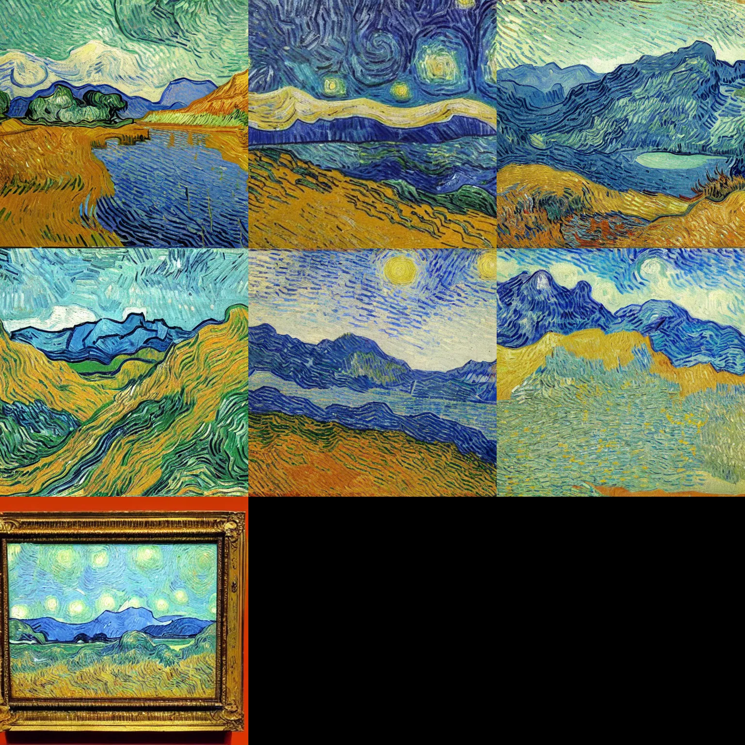 Prompt: a landscape with a lake and a mountain, van gogh style