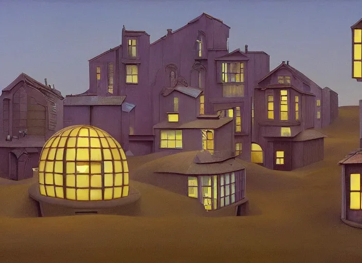 Prompt: spherical glass village houses Edward Hopper and James Gilleard, Zdzislaw Beksinski highly detailed