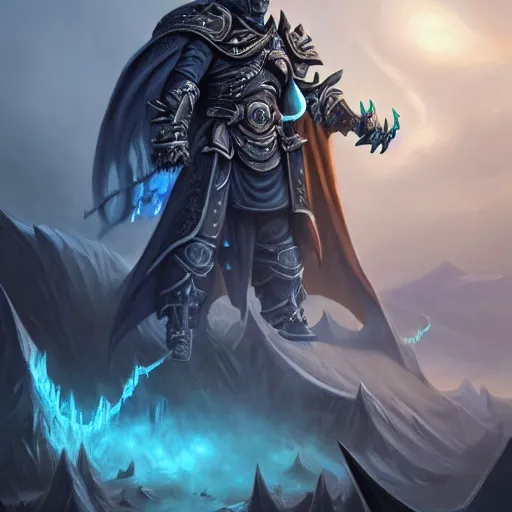 Prompt: A ultra detailed matte painting of Arthas lich king, by Peter mohrbacher, trending on ArtStation