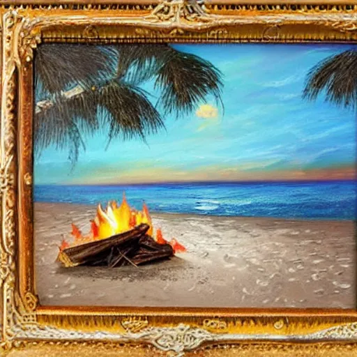 Image similar to Campfire on the beach, Moonlit ocean, Secluded beach, Painting, intricate details