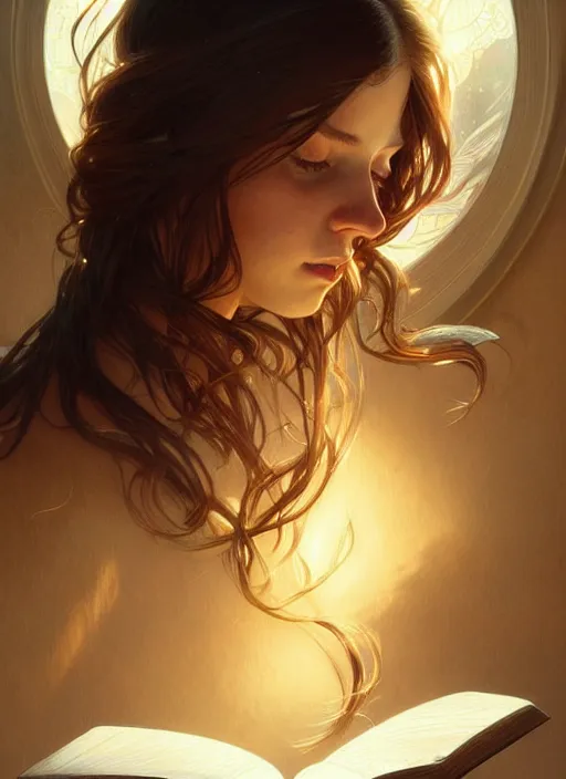 Prompt: a girl reading a book, her hair flowing down, intricate, highly detailed, dynamic lighting, digital art, digital painting, artstation, wlop, sharp focus, illustration, art by artgerm and greg rutkowski and alphonse mucha