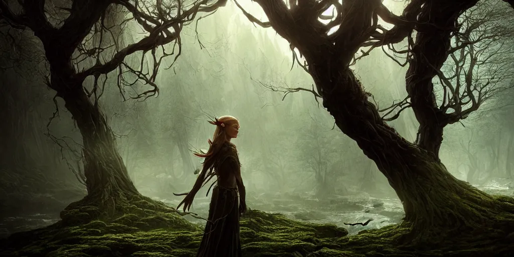 Prompt: an ultra realistic, cinematic, fantasy portrait, of an elden ring elf, branches, facial features, background of a vast serene landscape, with trees and rivers, detailed, deep focus, movie still, dramatic lighting, ray tracing, by michal karcz, yoshitaka amano, wlop, ross tran
