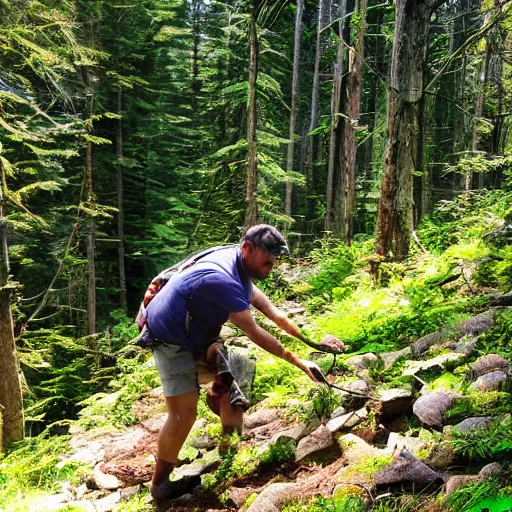 Image similar to man hunting for quartz on a steep hillside covered by dense trees with shafts of light. photo realistic.