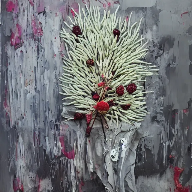 Image similar to “ a portrait in a female art student ’ s apartment, sensual, australian wildflowers, flax, flannel flower, bottlebrush, half - finished sculpture, sculpture work in progress, a candle dripping white wax, clay, squashed berries, berry juice drips, acrylic and spray paint and oilstick on canvas, surrealism, neoexpressionism ”