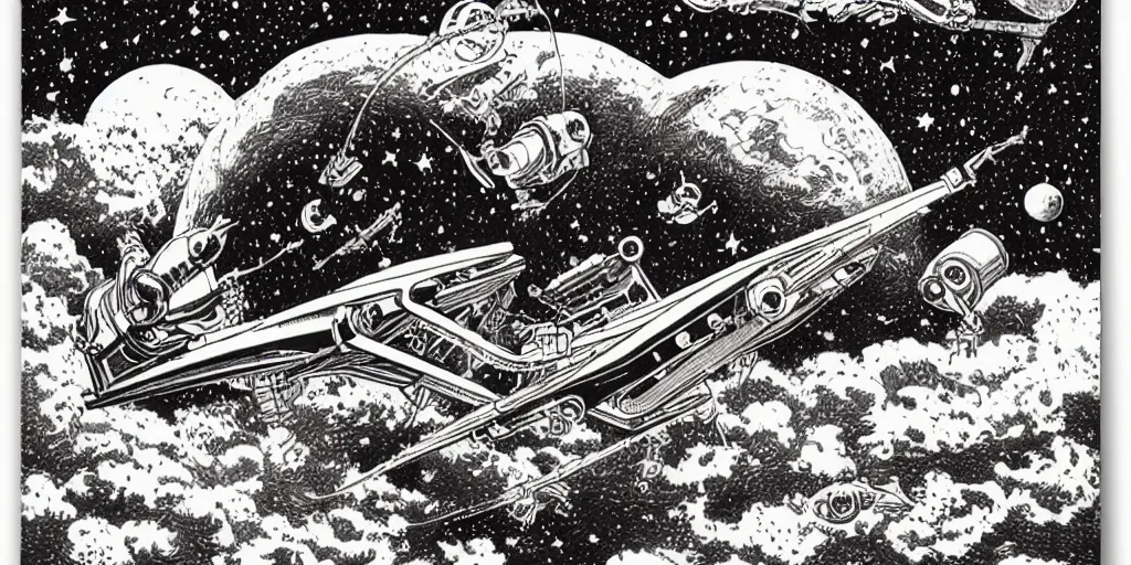 Prompt: spaceship in space flying to the mars by joe fenton and virgil finlay