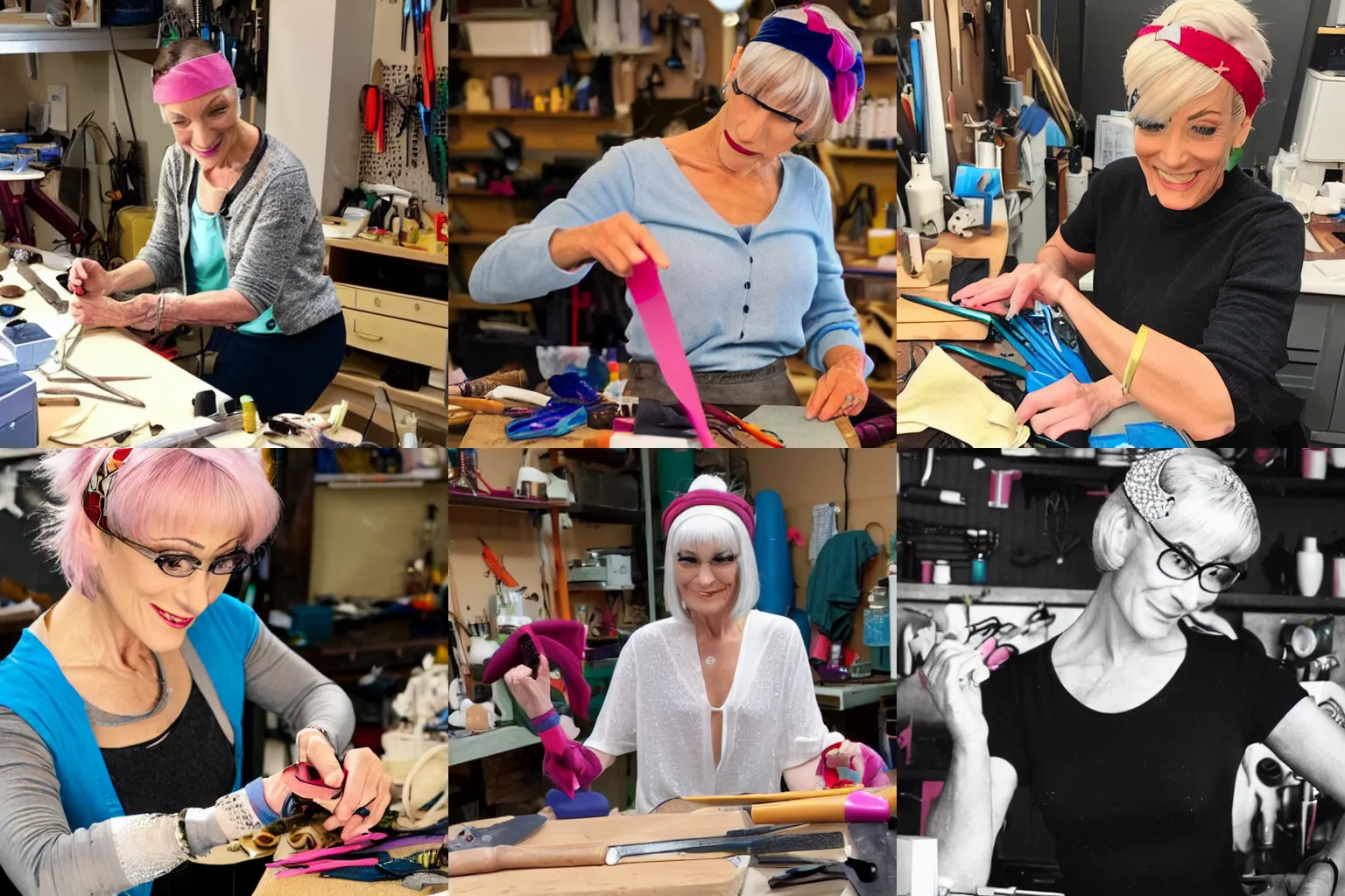 Prompt: Nana Visitor crafting a magical headband at her workbench