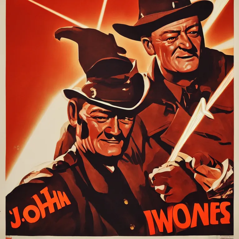 Prompt: propaganda poster john wayne with beams of light coming from behind his head, 8 k, trending on artstation