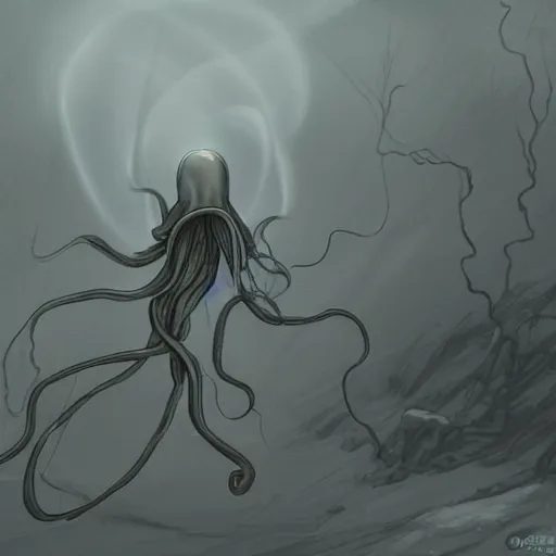 Prompt: an ethereal ghostly wraith like figure with a squid like parasite latched onto its head and long tentacle arms that flow lazily but gracefully at its sides like a cloak while it floats around a frozen rocky tundra in the snow searching for lost souls and that hides amongst the shadows in the trees, this character has hydrokinesis and electrokinesis as a real muppet by sesame street, photo realistic, photography, sesame street