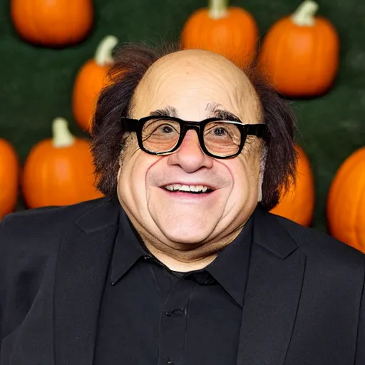 Prompt: photograph of danny devito cosplaying as a pumpkin, 4 k