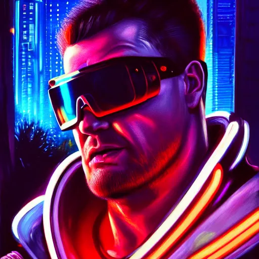 Prompt: a portrait of cyberpunk Duke Nukem wearing reflective surface mirror surface shades mirrorshades, Night City, cyberpunk 2077, neon megacity in the background, angry and bored, illustration, soft lighting, soft details, painting oil on canvas by mark arian by artgerm, trending on artstation, 4k, 8k, HD