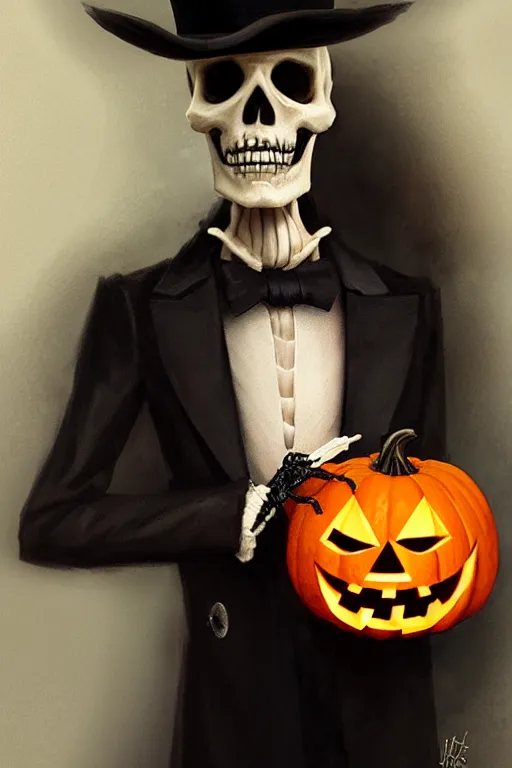 Image similar to portrait of a skeleton with a top hat holding a jack - o - lantern, halloween night, charlie bowater, artgerm, ilya kuvshinov, krenz cushart, ruan jia, realism, ultra detailed, 8 k resolution