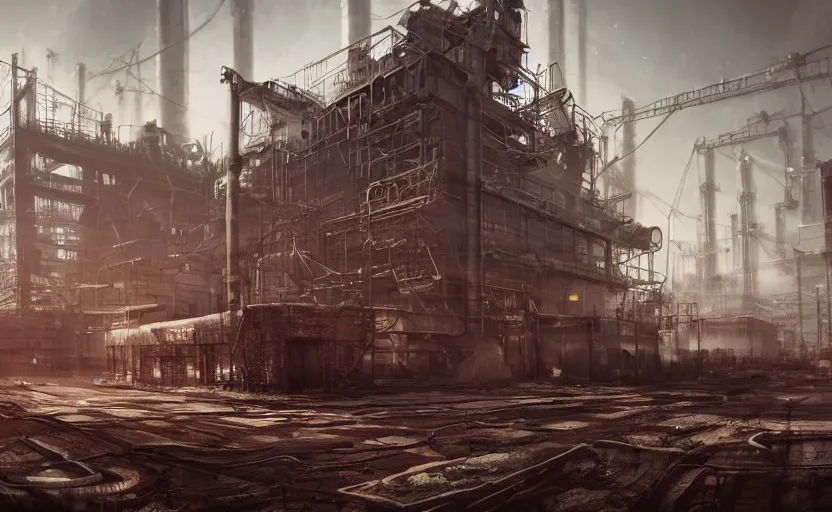 Prompt: Industrial complex, unreal engine, artstation trending, horror scene, highly detailded