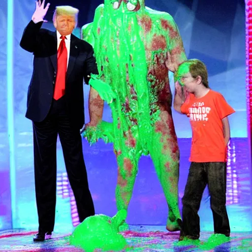 Prompt: trump getting slimed at the kids choice award, 2 0 0 8, crt television