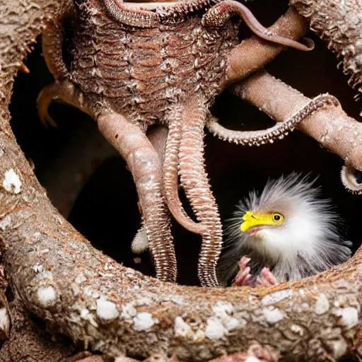 Prompt: Cuckoo chicks in nest being fed by an octopus national geographic photography