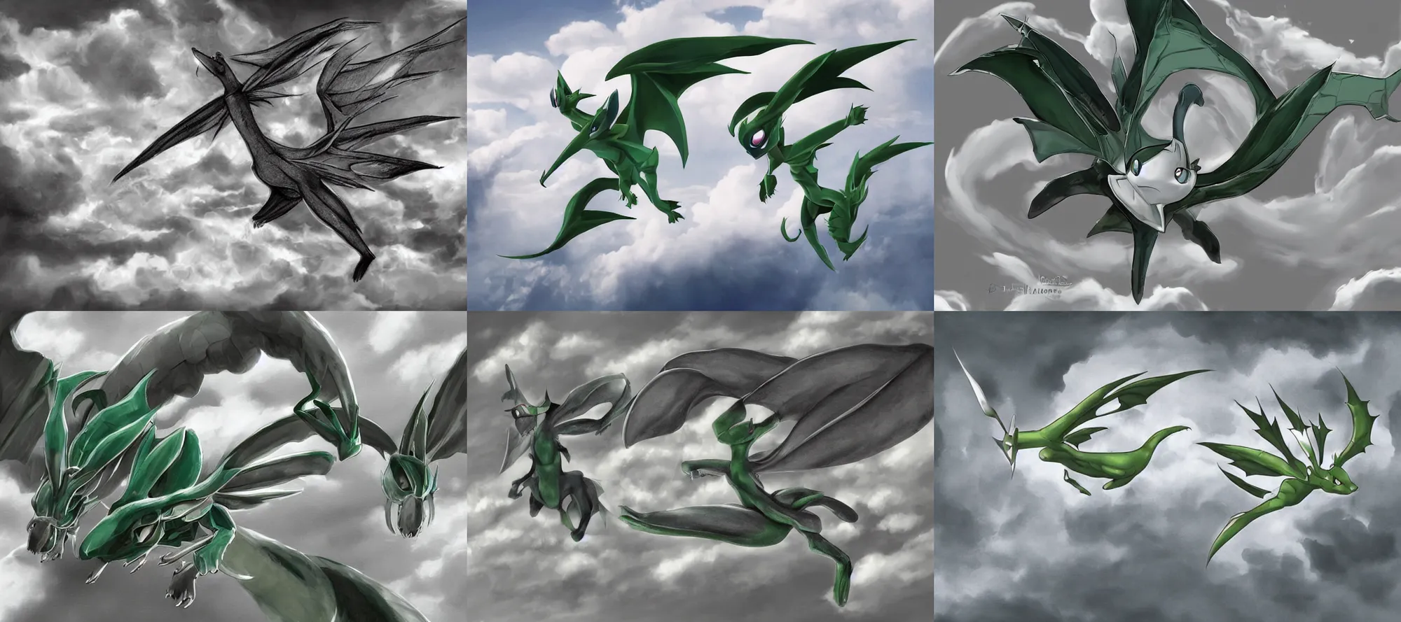 Prompt: grayscale digital painting realistic female pokemon flygon anthro flying through clouds in sky