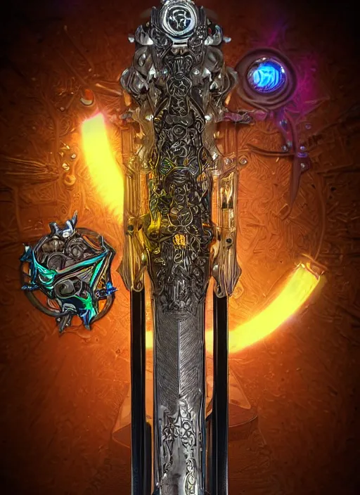 Image similar to legendary glowing sword of cybernetic technology on a table, digital award winning artwork, intimate, intricate, long sharp black and iridescent blade, ornate gothic baroque spikes coming out, colorful hilt, vivid detailed realistic, ray tracing, colored gems, golden pommel, artstation, deviantart
