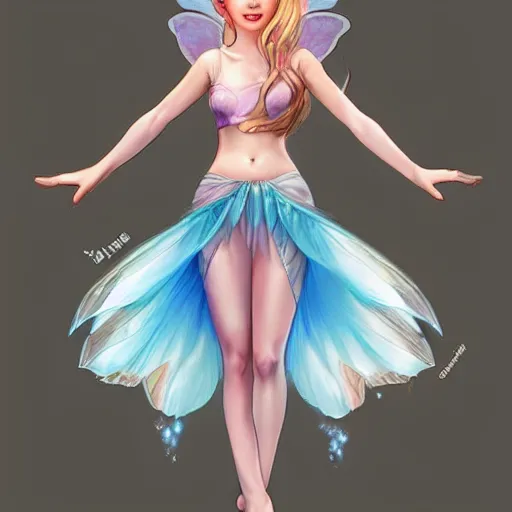 Prompt: very very very beautiful fairy princess with fairy wings, bare midriff, one foot raised off the ground, full body portrait, eye contact, smiling, flirty, perfect face, perfect body, drawn by artgerm