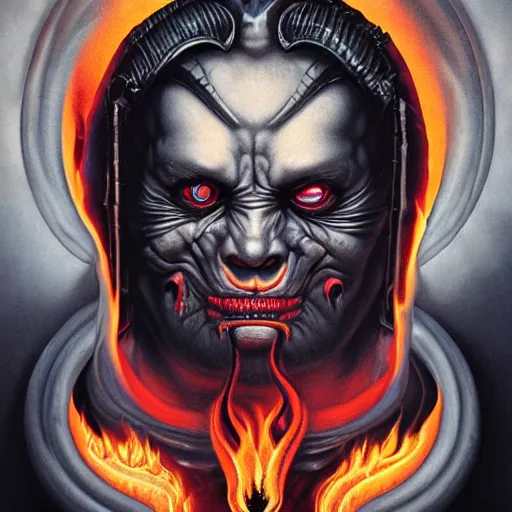 Image similar to doom demon giger portrait of satan, fire and flame, horns, Pixar style, by Tristan Eaton Stanley Artgerm and Tom Bagshaw.