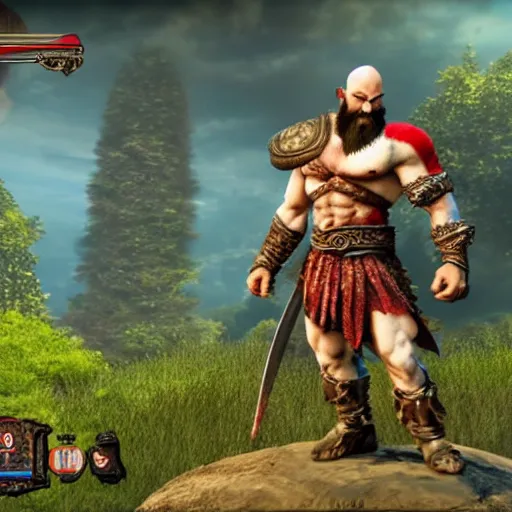 Prompt: kratos in flowers hill, screenshot