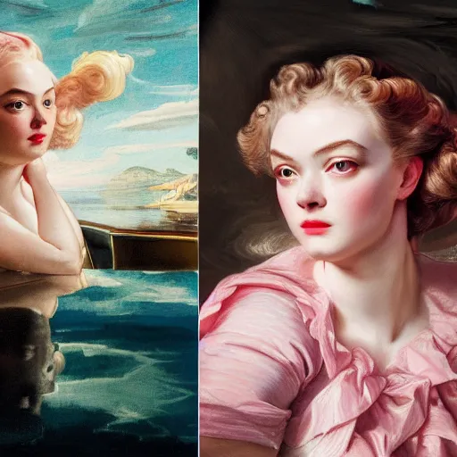 Prompt: leyendecker and peter paul rubens, head and shoulders portrait of a elle fanning, nighttime, on a boat at sea, moon reflection on water, dreamy pink clouds, unreal engine, fantasy art by global illumination, radiant light, detailed and intricate environment