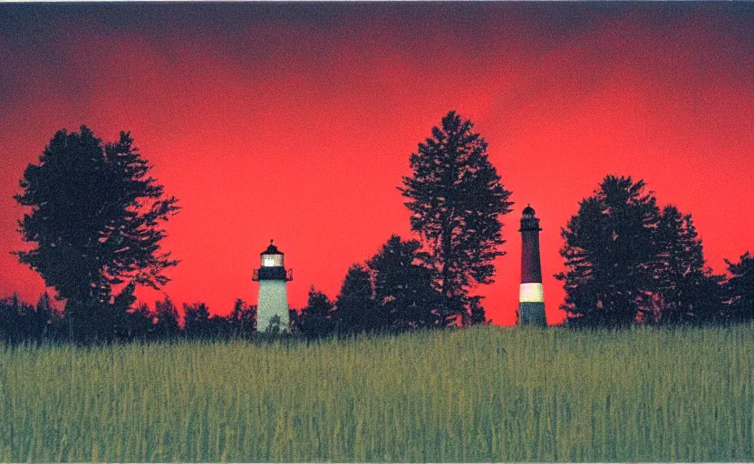 Image similar to lighthouse that shines red, field, night, unsettling, burning trees on the horizon, photo 1998