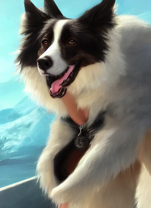 Prompt: beautiful portrait of a cute anthro male anthropomorphic border collie fursona wearing a swimsuit in antarctica. character design by charlie bowater, henry asencio, and ross tran. scenic background, detailed, glamor pose, aesthetic, furry, trending on artstation, top rated on furaffinity and deviantart