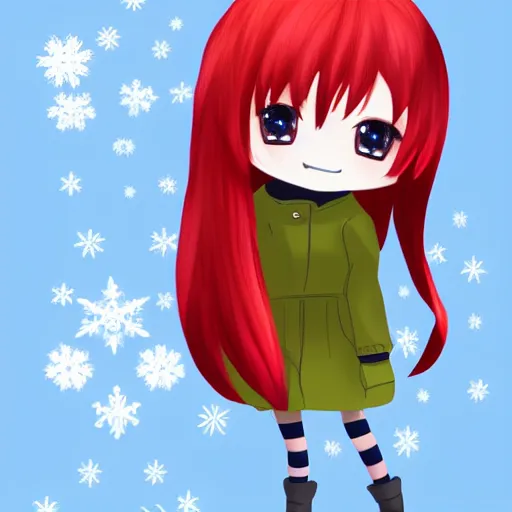 Prompt: a chibi kawaii red haired girl with winter clothe, winning artstation competition