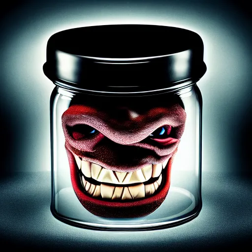 Image similar to Evil monster in a jar, product photography, centered, studio lightning