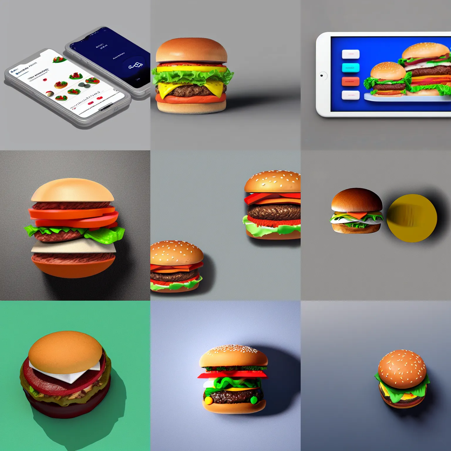 Prompt: Hamburger, icon, 3D clay render, octane render, 4k UHD, white background, isometric top down left view, diffuse lighting