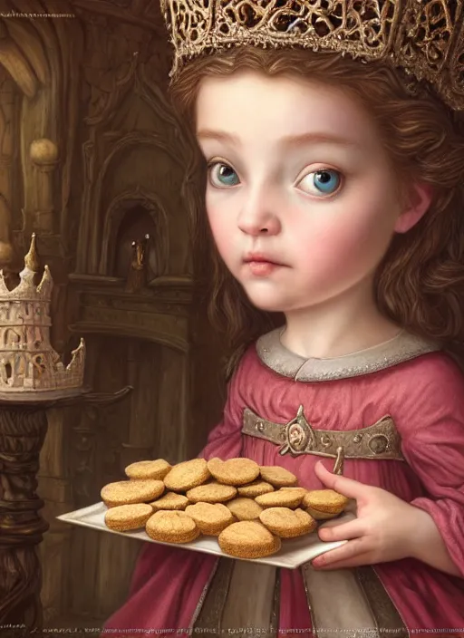 Image similar to highly detailed closeup portrait of a fairytale medieval princess eating cookies, unreal engine, nicoletta ceccoli, mark ryden, lostfish, earl norem, global illumination, god rays, detailed and intricate environment