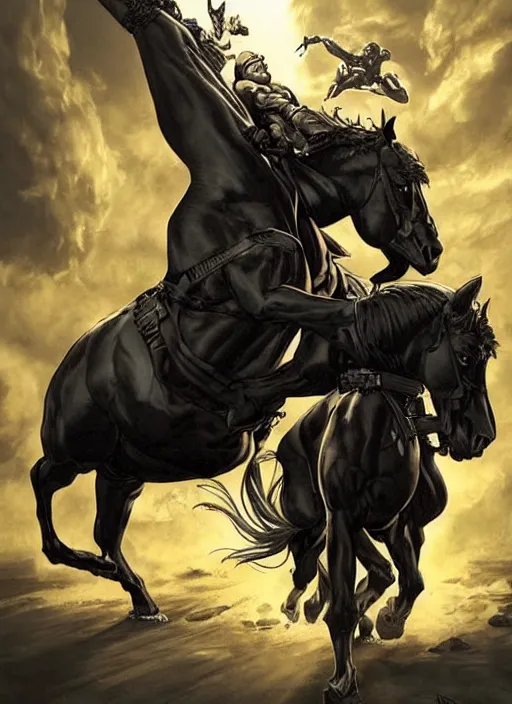 Prompt: ethan van sciver with a bald head and grey trimmed beard with a pointy nose as the first horseman of the apocalypse riding a strong big black stallion, horse is running, the rider is carrying the scales of justice, beautiful artwork by artgerm and rutkowski, breathtaking, beautifully lit, dramatic, full view