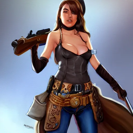 Image similar to full body, female cowgirl, perfect face, long rifle, 8 k, magic the gathering, d & d, artstation