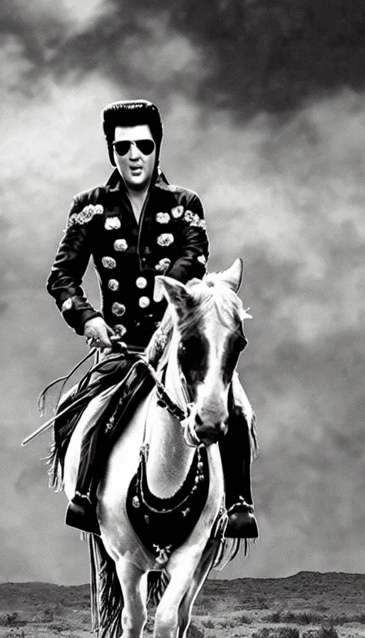Prompt: elvis on horseback, screenshot from bollywood muscial,, realistic colour palette by