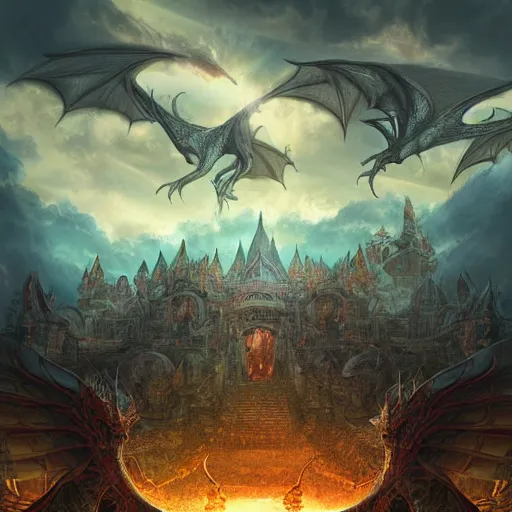 Image similar to huge temple in hell with dragons in the sky behind it circling like vultures, surreal, sharp focus, digital art, epic composition, concept art, dynamic lighting, intricate, highly detailed