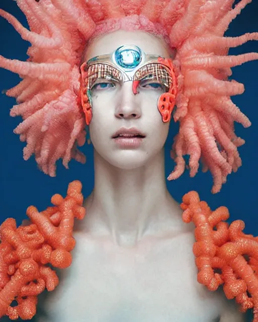 Image similar to natural light, soft focus portrait of a cyberpunk anthropomorphic coral with soft synthetic pink skin, blue bioluminescent plastics, smooth shiny metal, elaborate ornate head piece, piercings, skin textures, by annie leibovitz, paul lehr