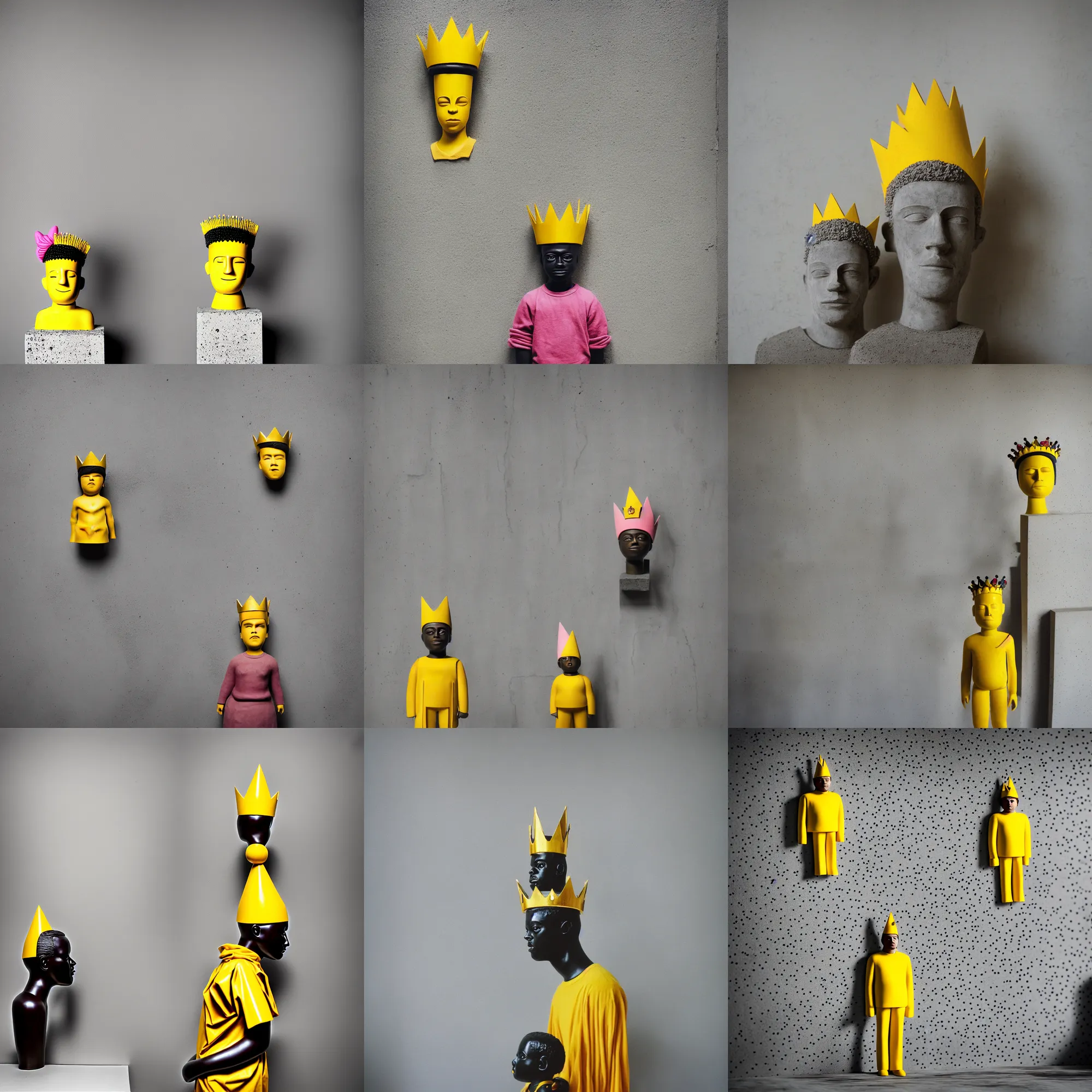 Image similar to kodak portra 4 0 0, 8 k, shot of a highly detailed, britt marling style, colour still - life portrait of a large minimalistic room, rough concrete walls, the wooden statue of a yellow black striped little man with pink crown on his head