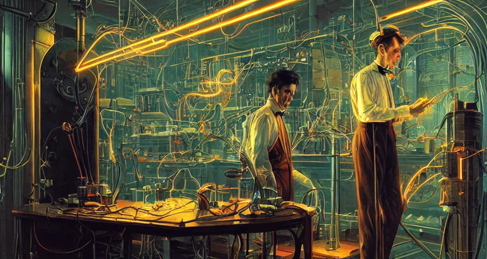 Prompt: nikolai tesla in his lab, electrical arcs, magical sparks, neon glow, highly detailed, digital art, intricate, dramatic lighting, retro futuristic, neon colors, cinematic, art by norman rockwell, greg rutkowski, james gurney, artgerm