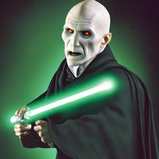 Image similar to voldemort with a green lightsaber